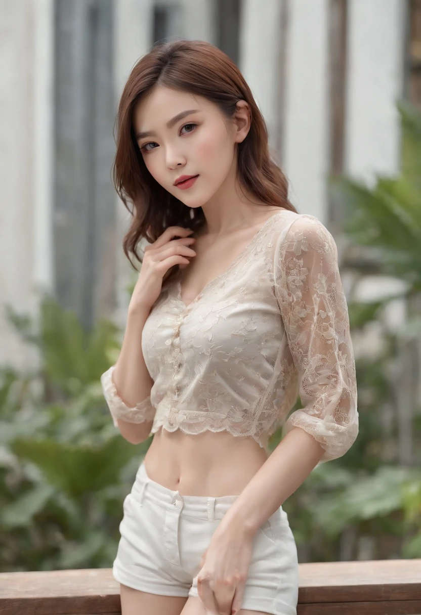 (((Super beautiful Chinese girl))), ((Its beauty is undeniable)), ((Excited cute face)), ((Ultra-detailed perfect eyes,)), ((Cute pose)), ((Output language)), ((Seductive )), Sexy, (( Skinny mesh shirt, Shorts court shoes sexy)), ((Delicate short brown hair,)), (( The skin)), ((Get up, up front view)), ((Touch your legs in a sexy pose)), ((do lado de fora, Public cities)), Sharp focus CGI, photoreallistic, High detail, hentail realism, Masterpiece, absurderes, Best quality, hdr, High quality, k hd, Extremely detailed, 8K wallpaper, Intricate details, 8K  UHD, Full-HD, (photo realist:1.2), contrast, strong illumination, Light cinematic, Natural lighting, hard light, Contre-Jour, globalillumination, Environmental occlusion