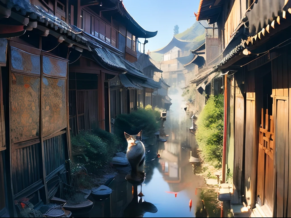 (ситцевый кот, 1.4), (лиуакат, 1.4), (вид на древнюю азиатскую улицу, 1.4), широкий план, Панорама, Цвета в стиле Ghibli, анатомически правильный
