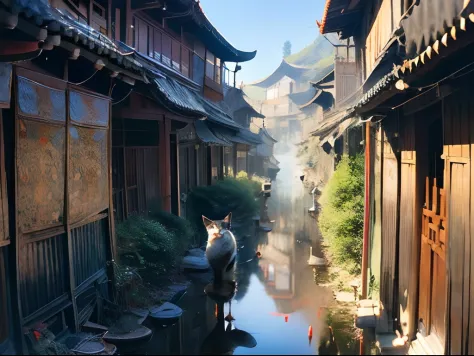 (calico cat, 1.4), (lihuacat, 1.4), (ancient asian street view, 1.4), wide shot, panorama, Ghibli-like colours, anatomically correct
