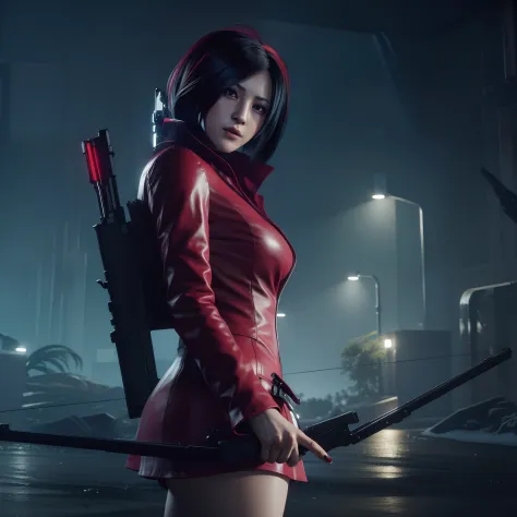 HD, ada wong, beautiful face, bob hair, red coat with black nail polish,  glare, holding a gun
