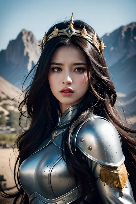 model shoot, (1 woman 30 years old), Islamic warrior, hyper realistic, super detailed, Dynamic shot, masterpiece, scene sharp détails, perfect eyes, perfect hands, fierce leader, battle field, headpiece, wavy messy medium length hair, angry, looking at vie...