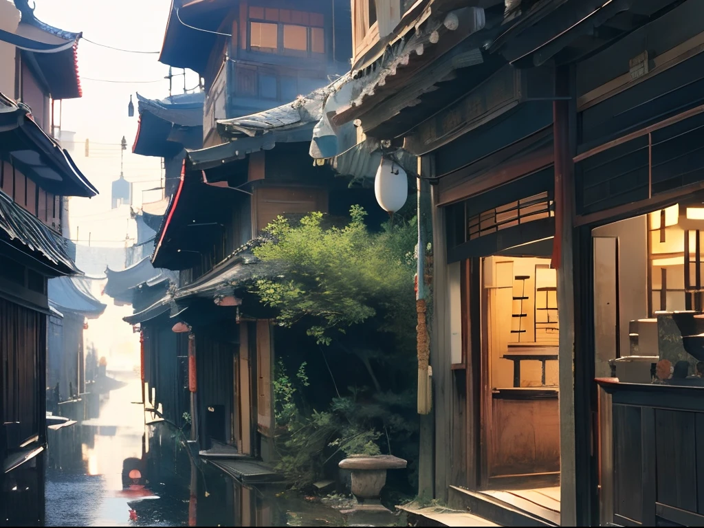 (calico cat, 1.4), (vista de la calle asiática antigua, 1.4), desde atrás, plano general, panorama, Colores tipo Ghibli, anatómicamente correcto