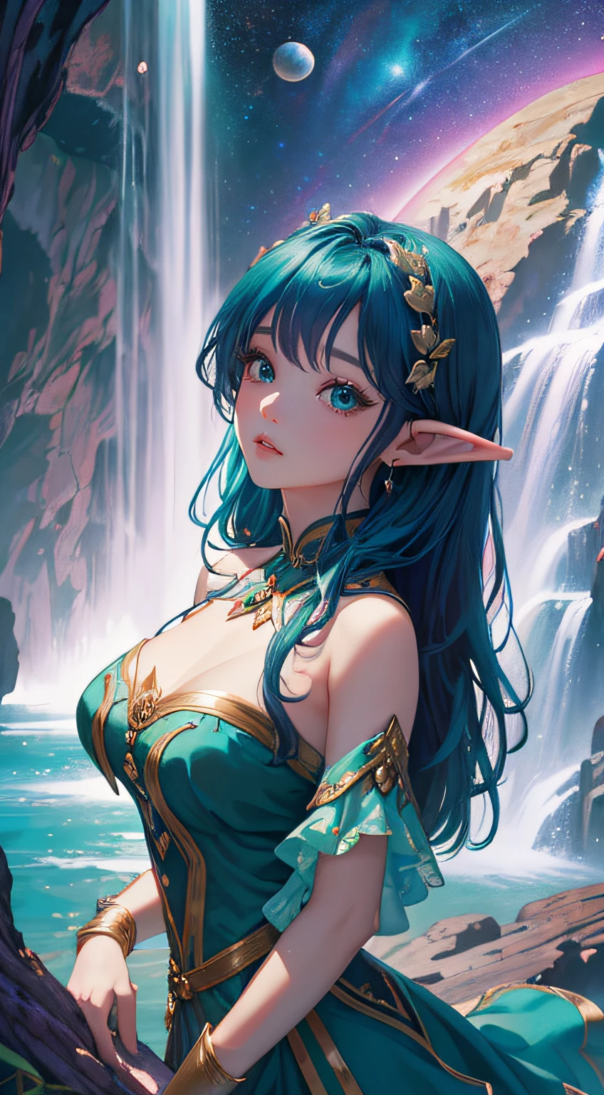 ( Absurd, High quality, Ultra-detailed, Masterpiece, smooth, high detail artwork, Hyper-realistic painting , high resolution, (( Teal hair)),elf, Plum elf, plum ,wearing High Chest Outfit，huge Chest，Low Chest，fairytale-like, Romantic, Vivid, Whole body  Shot,hand behind back，Malu，largeeyes，（Eye focus），Cosmic eyes, Space eyes，In nature with waterfalls，PureErosFace_V1，Urzang-6500-V1 version.1, Perfect