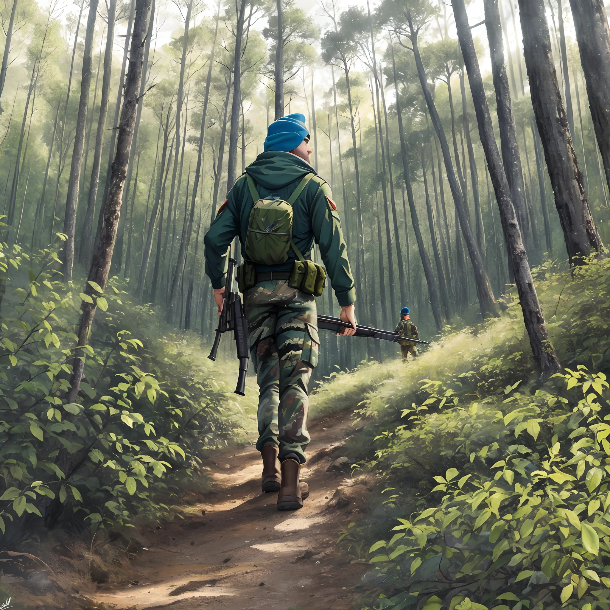 Um cacador andando na floresta, The hunter has a rifle in one hand, The hunter walking through a pine forest. Uma imagem estilo pixar disney