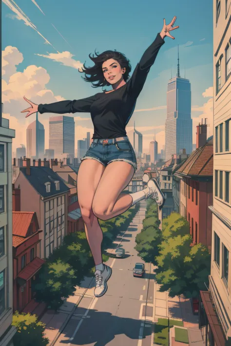 masterpiece,highres,best quality,1girl,solo,falling,cityscape,building,full body,long sleeves,shorts,shoes,outdoors,from above,o...
