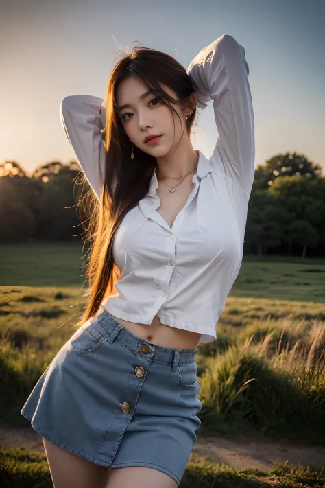 Masterpiece, Best quality, Dusk, Sunset, strong rimlight, Real, Realistic, incredibly_absurderes, sample, Girl, Long hair, alternate hair color, hair between breasts, Wavy hair, view the viewer, Small breasts, Collared shirt , Jacket, Miniskirt, White pant...