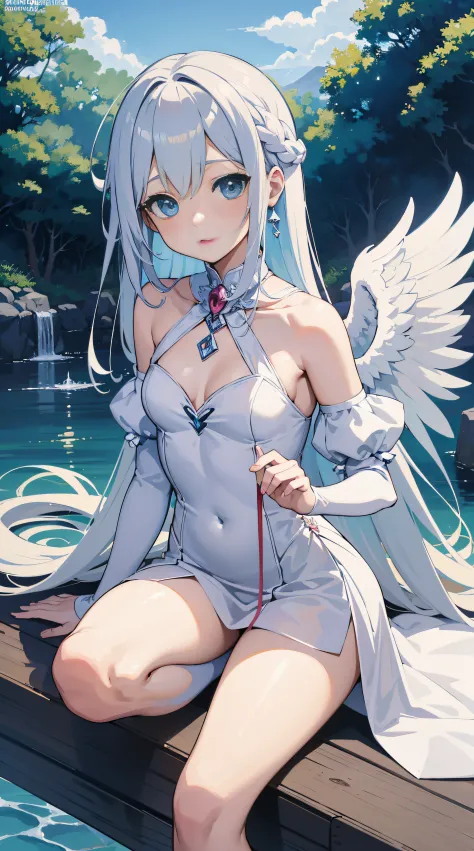 anime - style image of a woman with angel wings sitting on a ledge, anime goddess, cute anime waifu in a nice dress, angel knight girl, super wide angel, small curvy loli, of an beautiful angel girl, seductive anime girl, angel girl, of beautiful angel, be...