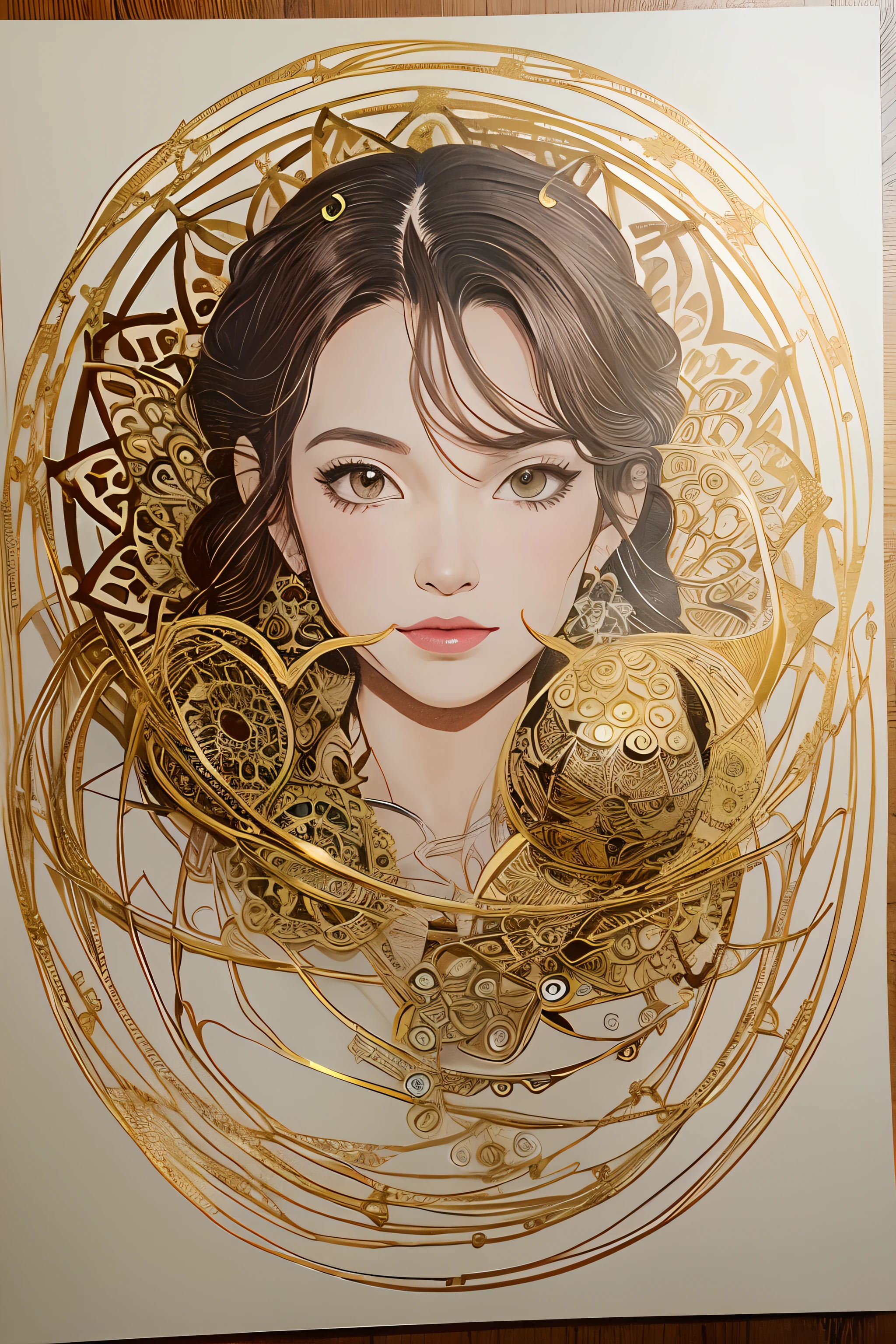 PerfectNwsjMajic,(masutepiece, of the highest quality, Best Quality, Official art, Beautiful and aesthetic:1.2), (1girl in), ighly detailed,Colorful,highest details, Official art, Unity 8k壁纸, ultra-detailliert, Beautiful and aesthetic, Beautiful, masutepiece, Best Quality, (Zentangle, mandalas, Tangle, Entangle) ,Holy Light,gold foil,Gold leaf art,glitter drawing,