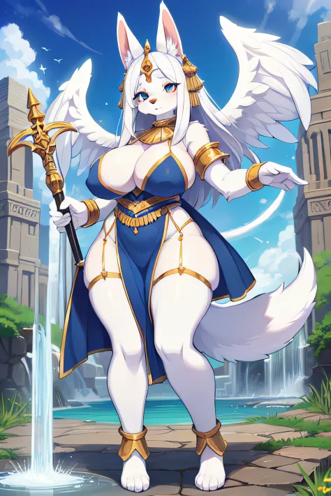white dog, anthropomorphic female, Furry, furry dog, angel wings, massive breasts, covered breasts, Egyptian outfit, Goddess, big fluffy tail, holding powerful weapon, powerful aura, God, epic, water fountain