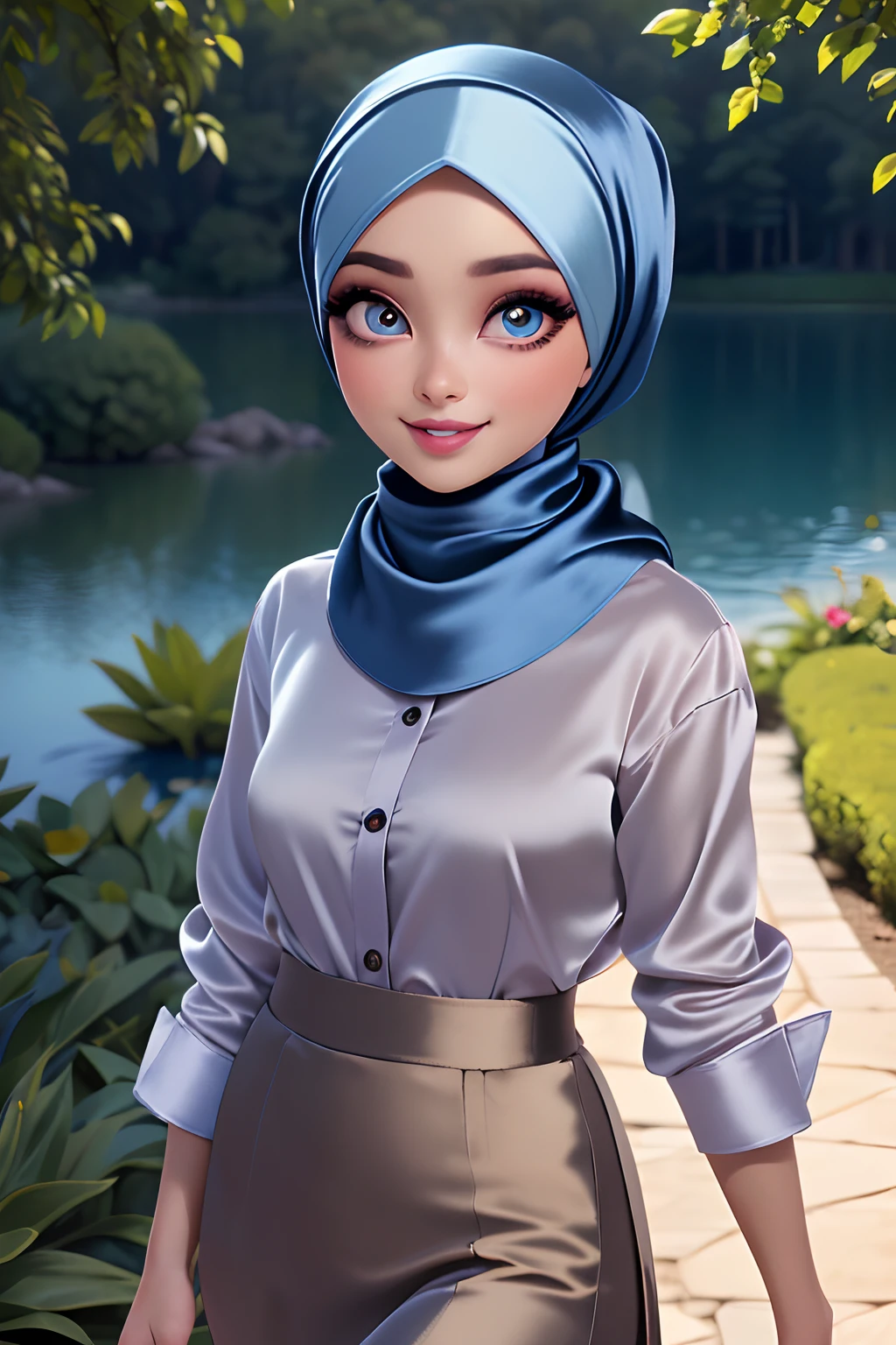 (Masterpiece, realistic, best quality, best lighting, 1 girl photo solo, beautifully makeup, eyeshadow, Parted Lips, Detailed Eyes, beautiful big eyes, long eye lashes, smile, wearing ((Dark blue satin headscarf)), loosely tide hijab style, ((Taupe satin shirt)), satin long skirt, walking in the garden, lake