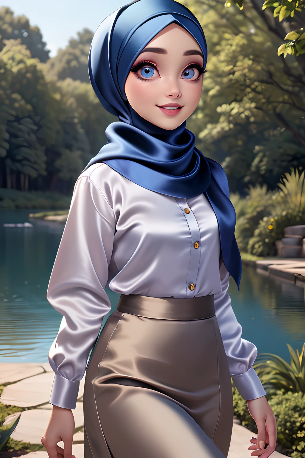 (Masterpiece, realistic, best quality, best lighting, 1 girl photo solo, beautifully makeup, eyeshadow, Parted Lips, Detailed Eyes, beautiful big eyes, long eye lashes, smile, wearing ((Dark blue satin headscarf)), loosely tide hijab style, ((Taupe satin shirt)), satin long skirt, walking in the garden, lake