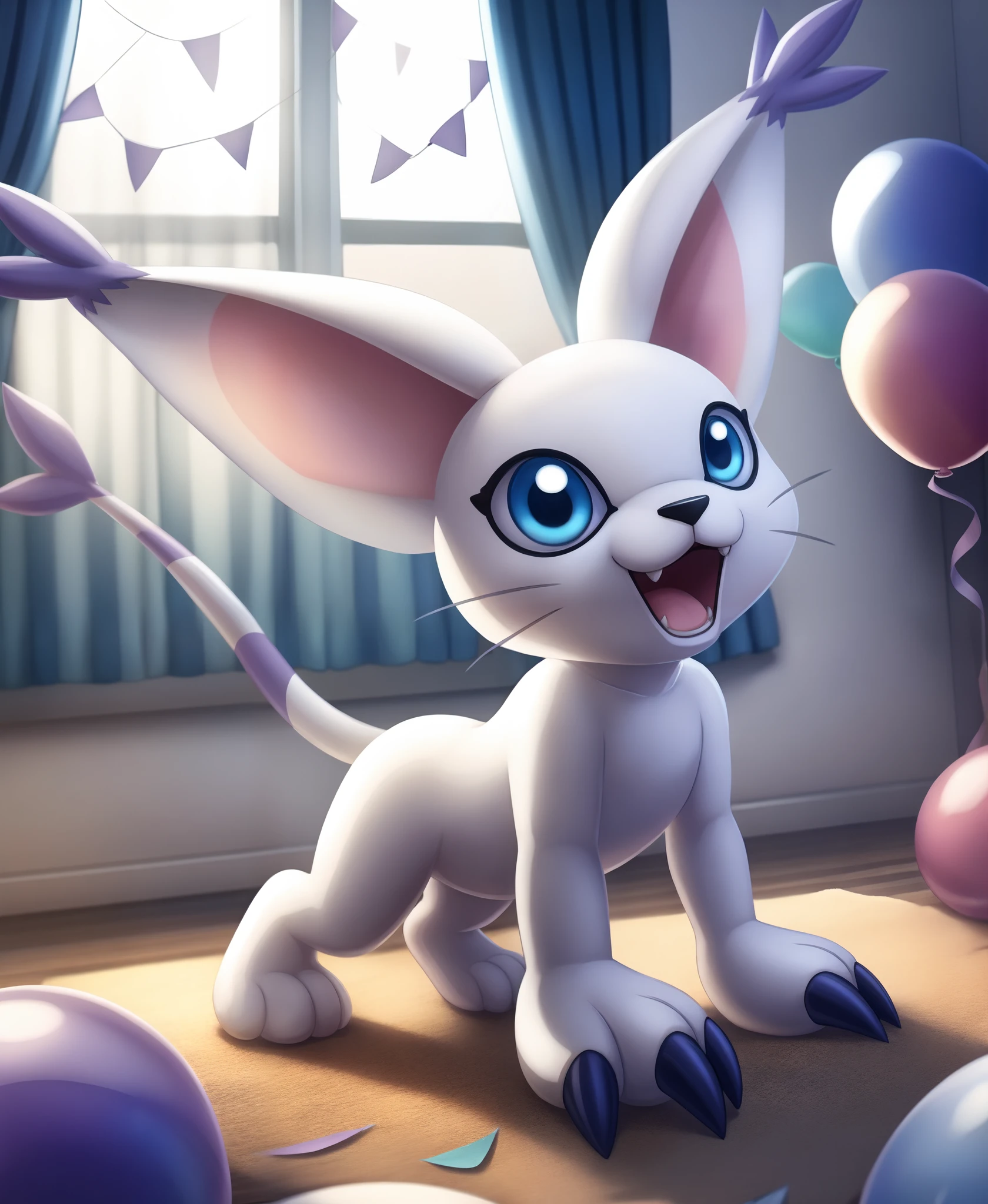 depth of field, perfect lighting, light particles, (best quality), (masterpiece), (ultra detailed), sharp focus, gatomon, digimon (creature), tail ring, no humans, blue eyes, soil, open mouth, white background, tail ornament, tail, simple background, creature, claws, gloves, : 3, full body, smile, heel, :d, animal hands, :d, windows, curtains, bedroom, all fours, ,  balloons, blue balloons, white balloons, white balloons, confetti, arms up, animal ears,