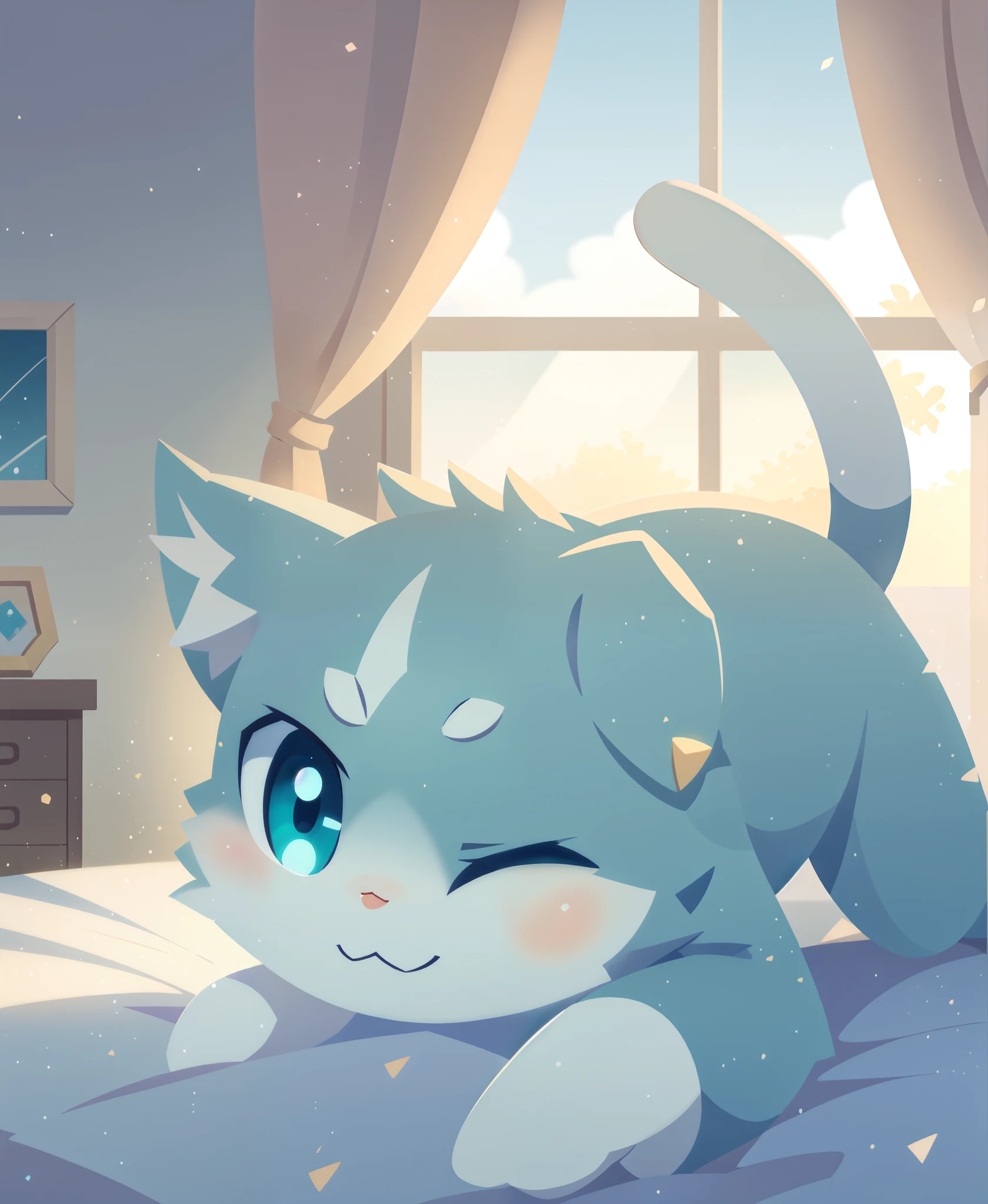 depth of field, perfect lighting, light particles,(best quality),(masterpiece),(ultra detailed),sharp focus, puck, :3, aqua_eyes, blue_eyes, cat, smile, solo, tail, pov, close-up, upper body, windows, curtains, bedroom, all fours, one eye closed,