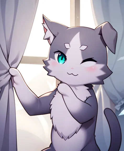 MeinaMixdepth of field, perfect lighting, light particles,(best quality),(masterpiece),(ultra detailed),sharp focus, puck, :3, aqua_eyes, blue_eyes, cat, smile, solo, tail, pov, close-up, upper body, windows, curtains, bedroom, all fours, one eye closed,