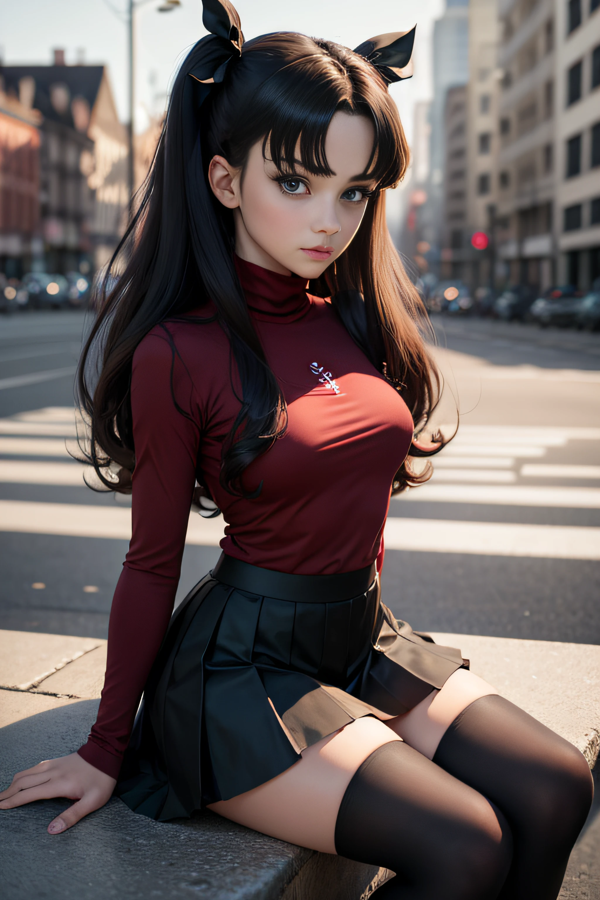 (Meisterwerk), beste Qualität, ausdrucksstarke Augen, perfektes Gesicht, 1 Mädchen, Allein, Rintohsaka, Rin Tohsaka, Aqua Augen, Schwarzes Haar, hair Schleife, lange Haare, Schleife, Seitenlocken, zwei Seiten nach oben, black Rock, black Strümpfe, lange Ärmel, miniRock, pleated Rock, ((red Pullover)), Rock, Pullover, Strümpfe, Rollkragen, Stadthintergrund, Sitzung, Charakterblatt, Oberkörper, Porträt, Betrachter betrachten