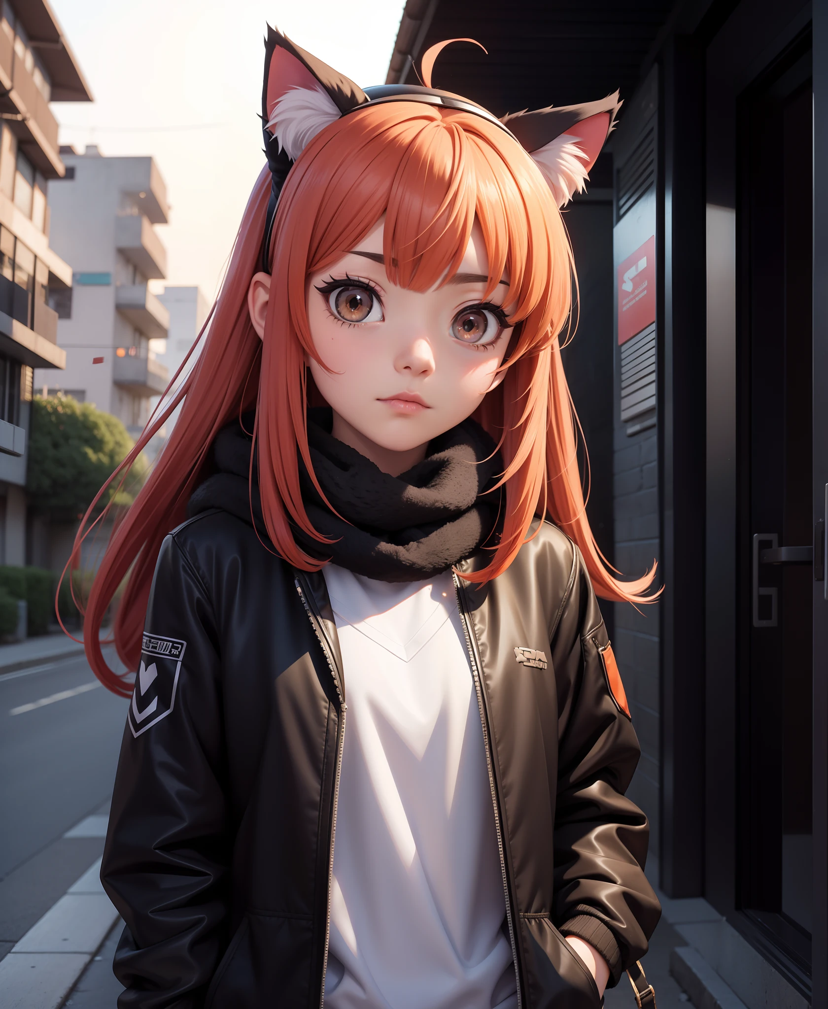 a anime character with a cat ears on her head in a hallway, Aya Goda, anime art style, cyberpunk art, furry art, 1girl, animal_ears, bangs, black_jacket, black_scarf, building, city, jacket, long_hair, long_sleeves, looking_at_viewer, orange_eyes, outdoors, solo_focus, sunset, upper_body