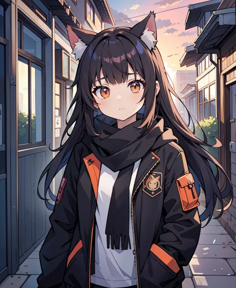 a anime character with a cat ears on her head in a hallway, Aya Goda, anime art style, cyberpunk art, furry art, 1girl, animal_ears, bangs, black_jacket, black_scarf, building, city, jacket, long_hair, long_sleeves, looking_at_viewer, orange_eyes, outdoors...