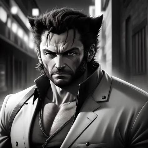 Wolverine,portrait,mafia,Year 30,Realstic,black and White,pluie,nuit