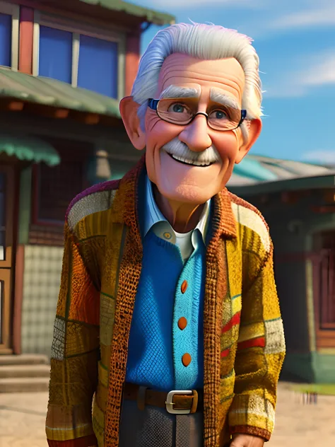 Pixarstyle A waist-high portrait of an elderly man with social clothes, smile, natural skin texture, 4K textures, HDR, intricate, highly detailed, sharp focus, cinematic look, hyper-detailed