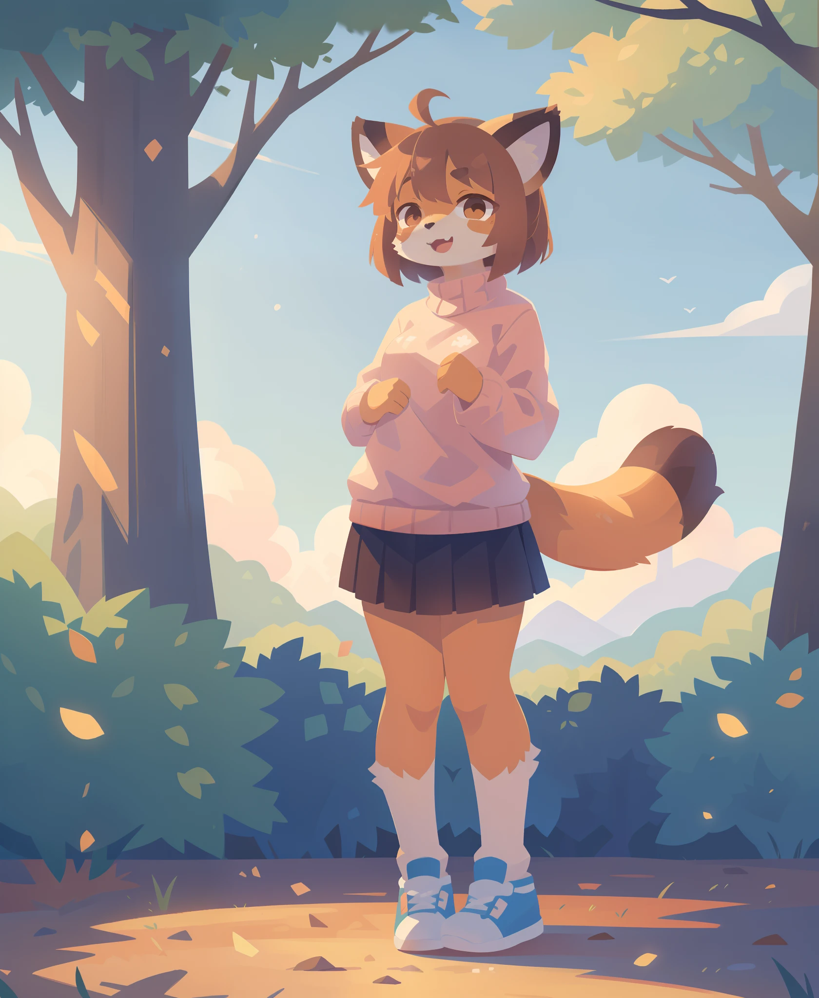 red panda girl, brown hair, bob cut, ahoge, white sweater, :D, black skirt, sweater tucked in, full body, sneakers, looking at viewer, tail, at park, tree, (uploaded on e621, furry, anthro, kemono:1.3),, (best quality, masterpiece, illustration, ultra-detailed:1.3)