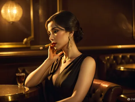 In a corner of a bar, a sophisticated Madam elegantly smokes a cigarette, while surrounded by a dimly lit and mysterious atmosphere. The scene exhibits a medium of oil painting, creating a vintage and nostalgic texture. The Madam exudes an air of mystery a...