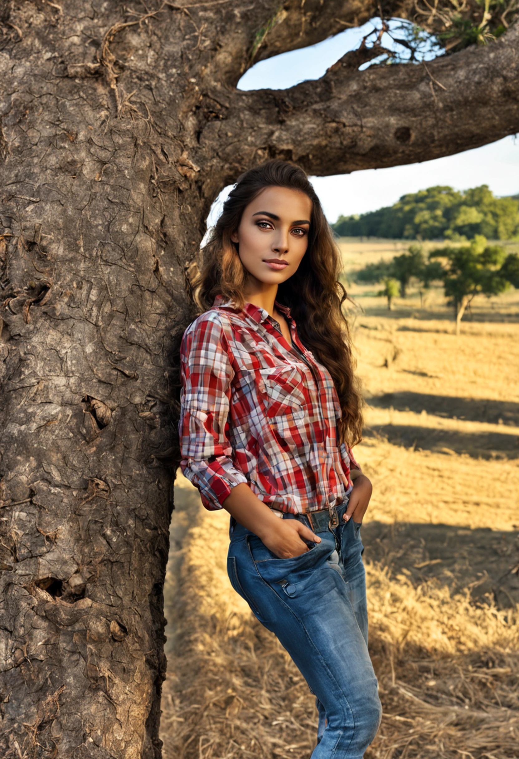  from the village, field background, lightBrown hair, pony-tail, Sunset, farm animal background, Afternoon, beautiful face, black eyes, printed checkered shirt, red and white checkered shirt,brown jeans, brown gloves, Caucasian skin, Resting in a tree, leaning against a tree, stunned face, natural beautiful