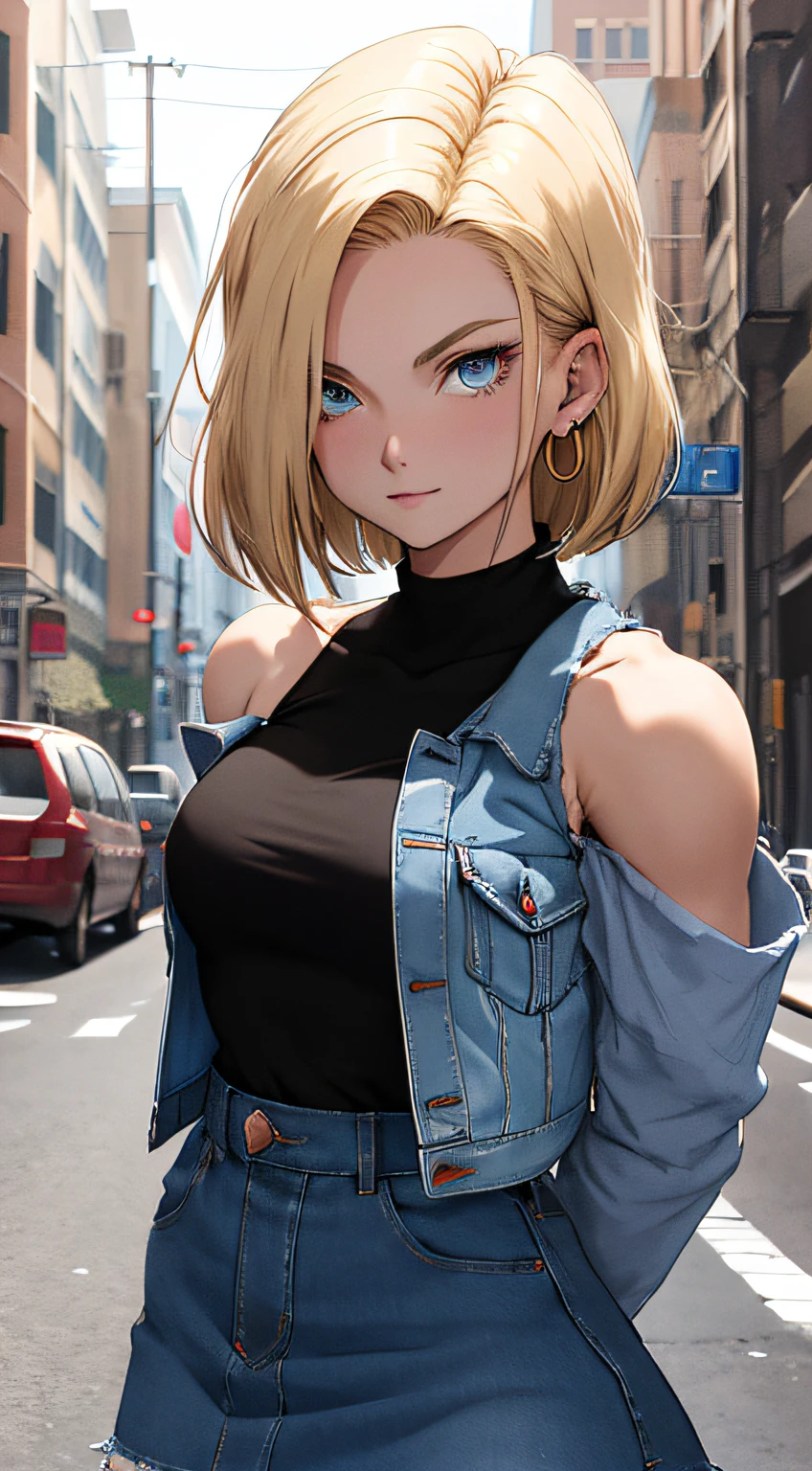 Best Quality, hight resolution, and18, 1girl in, Android 18, Solo, Blonde hair, Blue eyes, Short hair, earrings, Jewelry, Denim Vest, open vest, Black pantyhose, Black shirt, Denim skirt, Striped long sleeves, Blue skirt, medium breasts, Cowboy Shot, Street, (Externally expanded Chest:1.2), (Strapless:1.2), Off-the-shoulder