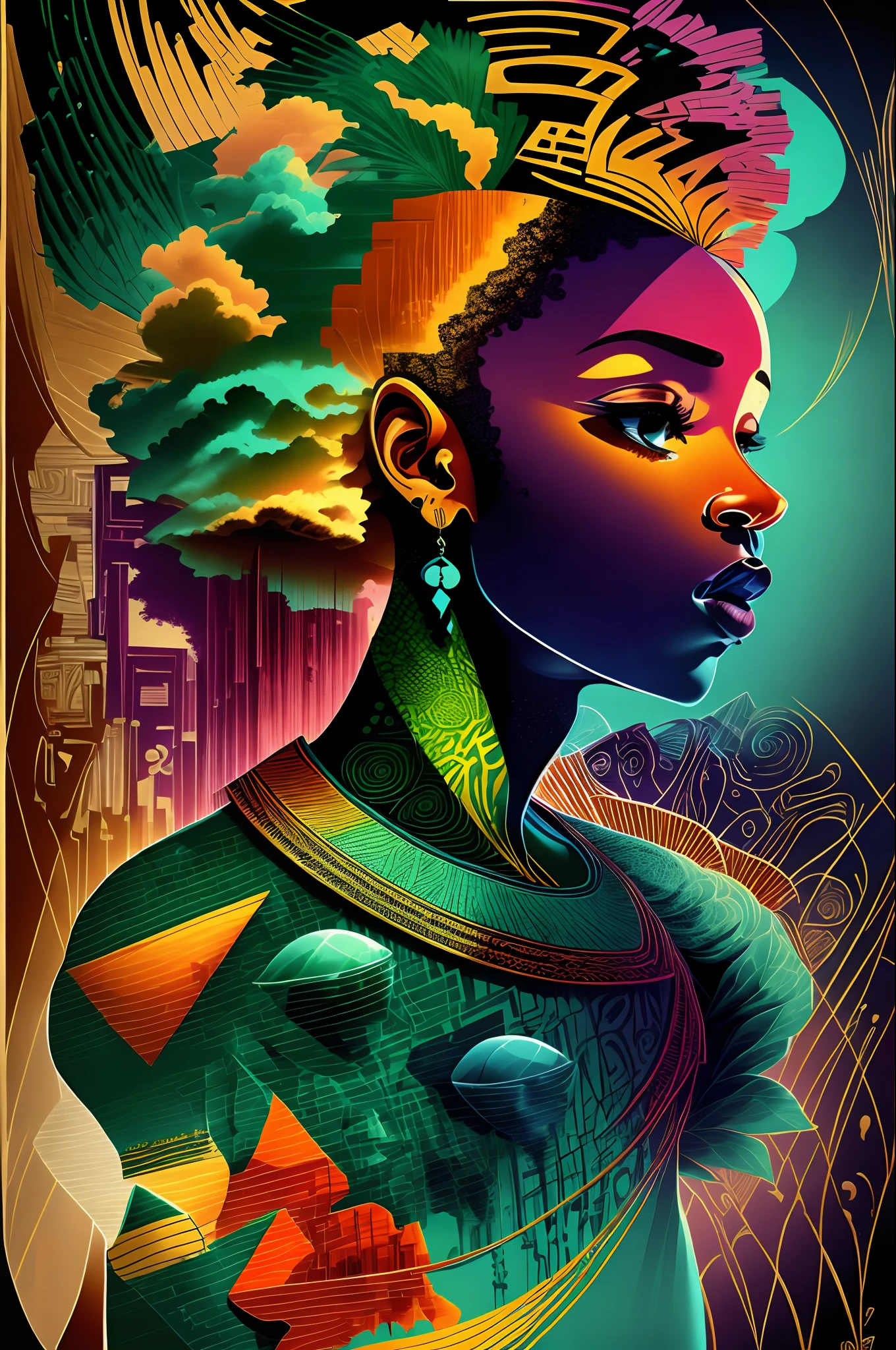 Минималист, дизайн футболки в винтажном стиле, африканское абстрактное искусство, эмоциональный, воодушевляющий, три цвета, синий, Зеленый, прохладный, Распечатать, Силуэт, Африканские люди, Африканская культура, Африканская мода, представление Африки --auto --s2