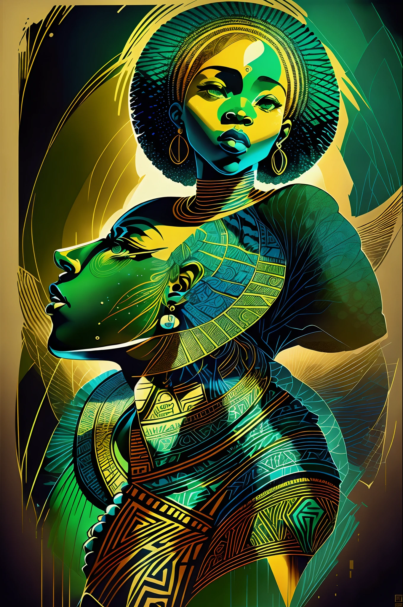 Un minimalista, Diseño de camiseta con un toque vintage., arte abstracto africano, emocional, edificante, Tres colores, blue, verde, Frío, imprimir, silueta, pueblo africano, cultura africana, moda africana, la representación de África --auto --s2