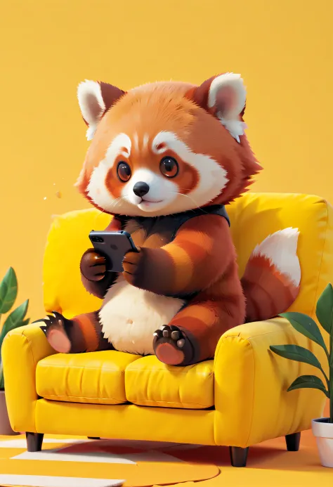 A red panda lies on a yellow couch playing with its phone, A design style with creative features,illustration,Cute avatar,bold lines and solid colors,Minimalist