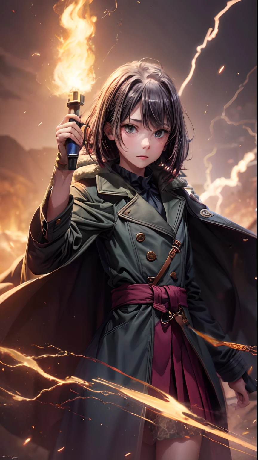 short hair, black hair, yukinoshita haruno, multicolored hair, fire, 1girl, solo, cape, weapon, black_hair, holding, chain, jewelry, standing, lips, magic, looking_at_viewer, closed_mouth, holding_weapon, short_hair, flame, burning, "Photorealistic, Hyperrealistic, Hyperdetailed, analog style, soft lighting, subsurface scattering, realistic, heavy shadow, masterpiece, best quality, ultra realistic, 8k, golden ratio, Intricate, High Detail, film photography, soft focus"