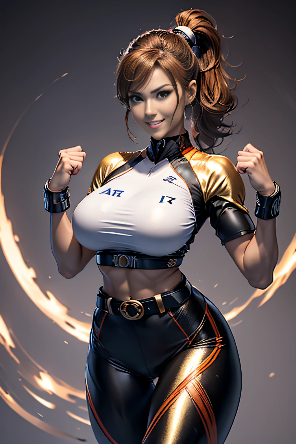 Arafe woman solo with ponytail hair、Fighting Game Fightetness Model、Big breasts about to burst、No exposed skin、Metallic orange combat suit、thin and long legs,、Fitness Body Shape、half-pants、White belt、Pose ready to fight、Mischievous smile