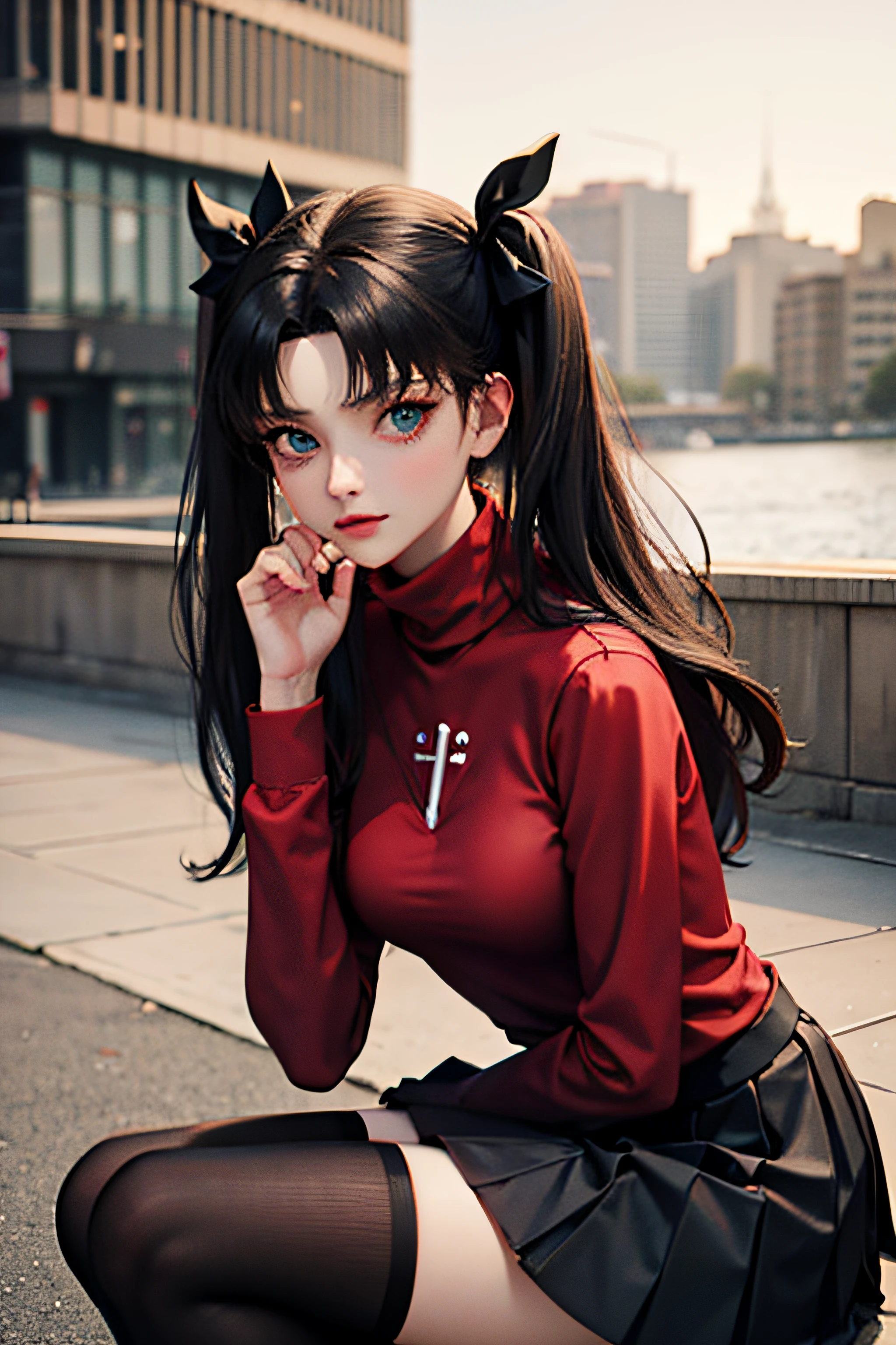 (masterpiece), best quality, expressive eyes, perfect face, 1girl, solo, rintohsaka, rin tohsaka, aqua eyes, black hair, hair ribbon, long hair, ribbon, sidelocks, two side up, black skirt, black thighhighs, long sleeves, miniskirt, pleated skirt, ((red sweater)), skirt, sweater, thighhighs, turtleneck, city background, sitting, character sheet, upper body, portrait, looking at viewer