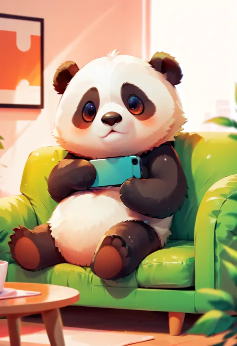A cute panda lying on the couch playing with his phone, A design style with creative features,illustration,Cute avatar,bold lines and solid colors,Minimalist