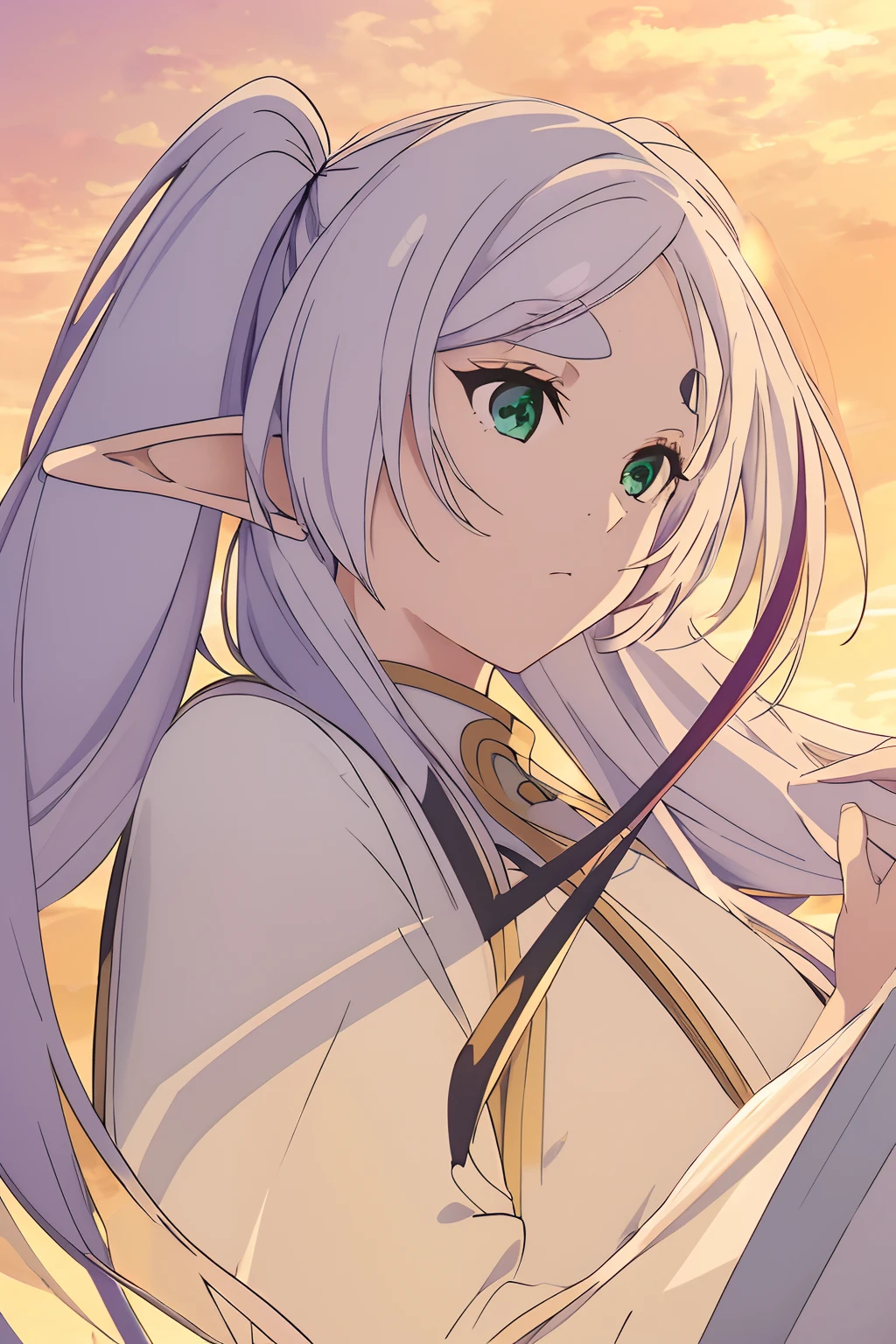 èèè®,1 Elf Girl,Twin tails with gray hair、White robes and skirts、Black tights、Brown boots,Green eyes,Parted bangs,Thick eyebrows,Beautiful Finger,Beautiful character design,  Official art,Highly detailed CG Unity 8K wallpaper, Perfect Lighting,Colorful, Bright_front_Face_Lighting,Shiny skin, (masutepiece:1.0),(best_quality:1.0), 超A high resolution,4K,Ultra-detailed, Photography, 8K, nffsw, hight resolution,  Lens Flare,  (Beautiful_Face:1.5),(narrow_waist),  hight resolution,masutepiece,Best Quality, Holding a magician's wand in his hand、Medieval cityscape