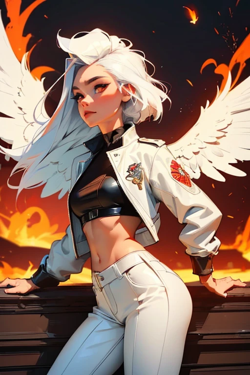 (La mejor calidad,4k,8k,Altas Resoluciones,Obra maestra:1.2),Ultra detallado, 1 girl with white hair, phoenix wings and leather clothes with punk style, red eyes