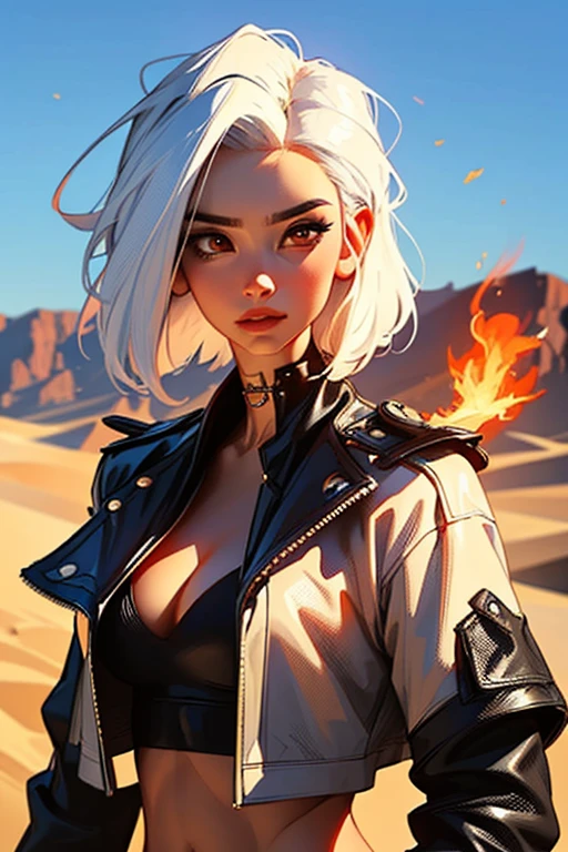 (best quality,4k,8k,High resolution,Masterpiece:1.2),Ultra-detailed,1 girl with white hair, phoenix wings and leather clothes with punk style, red eyes, desert on fire