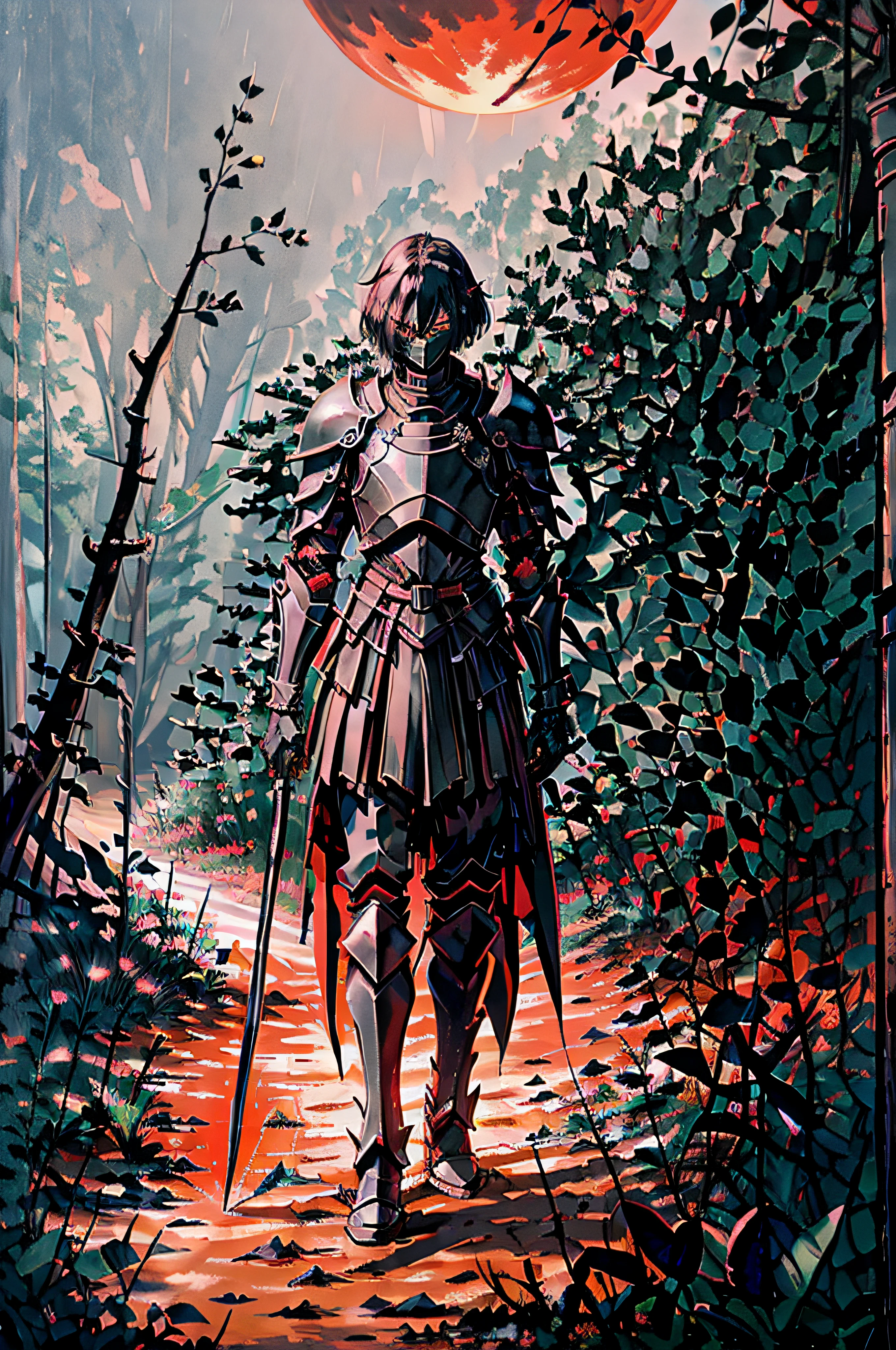 Crea un caballero con una armadura completamente negra y una espada bastarda negra en la cintura encima de un caballo negro caminando por un camino de tierra en medio de un bosque oscuro con una luna roja bajo el cielo azul oscuro.