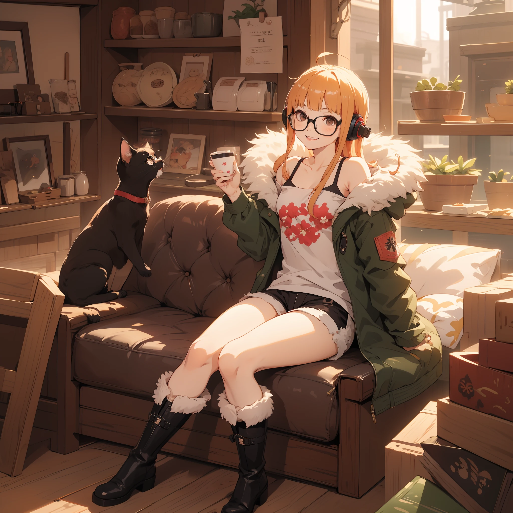 masutepiece, Best Quality, hight resolution,
1girl in, futaba sakura, Blunt bangs, Glasses, black-framed eyewear, Ahoge, Small breasts,
Glasses,  headphones, behind-the-head headphones, bura, Jacket, off shoulders, Fur trim, fur-trimmed jacket,  Green jacket, Shorts, thighs thighs thighs thighs, long boots,
 Cowboy Shot,the golden hour,A smile that showed teeth、1black cat、tea shop、Sit on the sofa