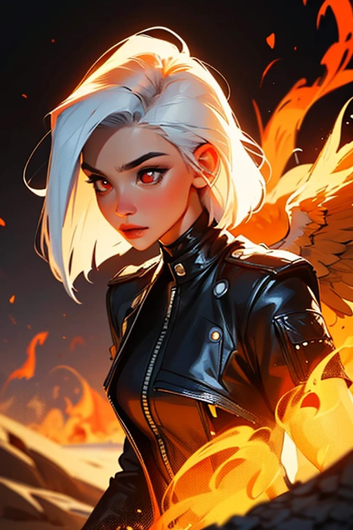 (best quality,4k,8k,High resolution,Masterpiece:1.2),Ultra-detailed,1 girl with white hair, phoenix wings and leather clothes with punk style, red eyes, desert on fire, noche de dos lunas, oil painting, surrealism, warm color tones, dramatic lighting