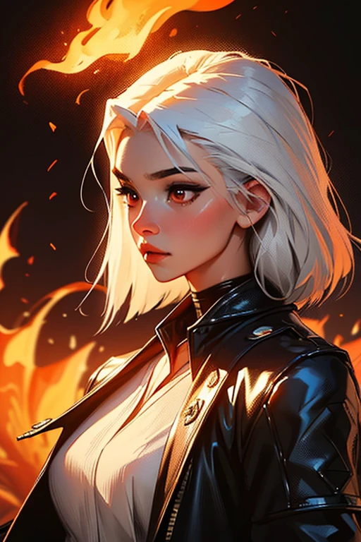 (best quality,4k,8k,High resolution,Masterpiece:1.2),Ultra-detailed,1 girl with white hair, phoenix wings and leather clothes with punk style, red eyes, desert on fire, noche de dos lunas, oil painting, surrealism, warm color tones, dramatic lighting