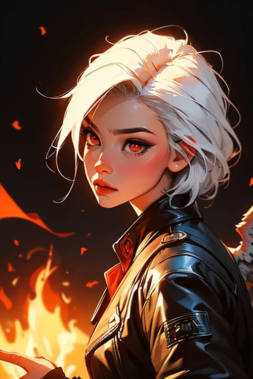 (best quality,4k,8k,High resolution,Masterpiece:1.2),Ultra-detailed,1 girl with white hair, phoenix wings and leather clothes with punk style, red eyes, desert on fire, noche de dos lunas, oil painting, surrealism, warm color tones, dramatic lighting