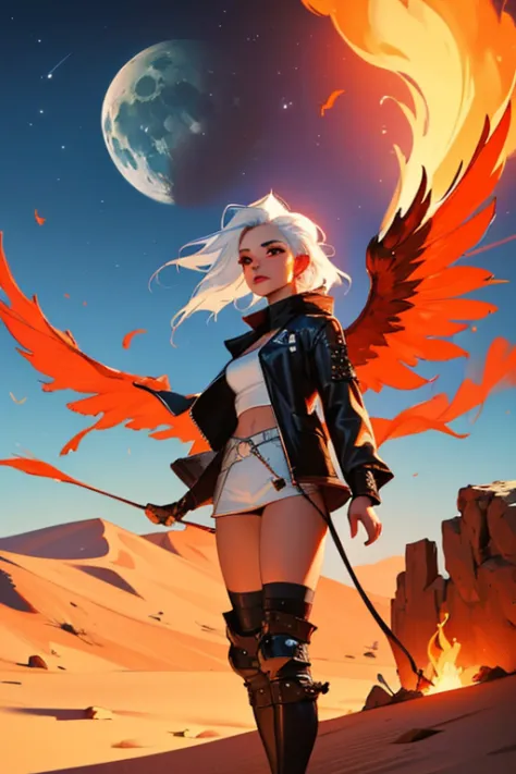 (best quality,4k,8k,High resolution,Masterpiece:1.2),Ultra-detailed,1 girl with white hair, phoenix wings and leather clothes wi...