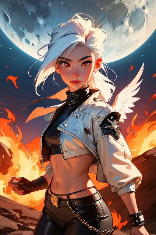 (best quality,4k,8k,High resolution,Masterpiece:1.2),Ultra-detailed,1 girl with white hair, phoenix wings and leather clothes with punk style, red eyes, desert on fire. 2 moon