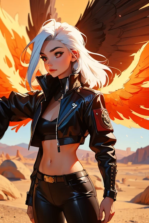 (best quality,4k,8k,High resolution,Masterpiece:1.2),Ultra-detailed,1 girl with white hair, phoenix wings and leather clothes with punk style, red eyes, desert on fire. 2 moon