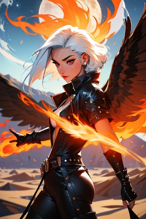 (best quality,4k,8k,High resolution,Masterpiece:1.2),Ultra-detailed,1 girl sexy with white hair, phoenix wings and leather clothes with punk style, red eyes, desert on fire. 2 moon