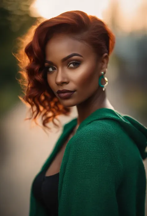 A close up of a woman with long red hair wearing a green bikini - SeaArt AI