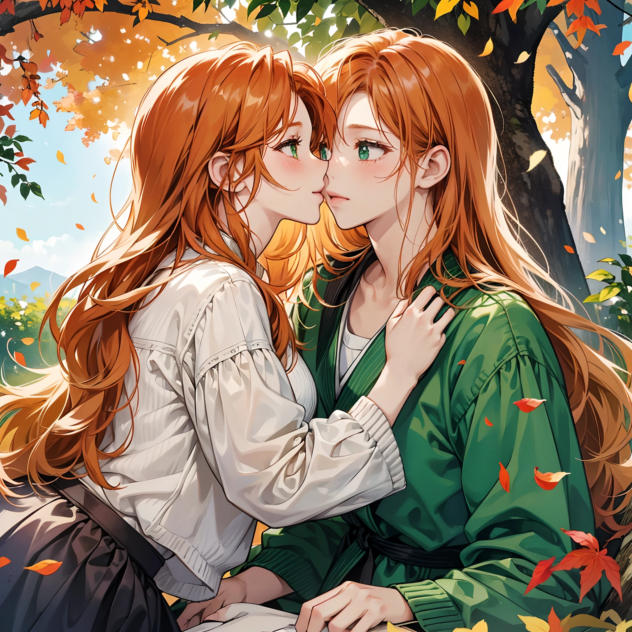 Two red haired girls are kissing in the fall leaves - SeaArt AI