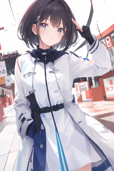 1girl in、Background Simple、Background white、raincoat、hands in the pocket