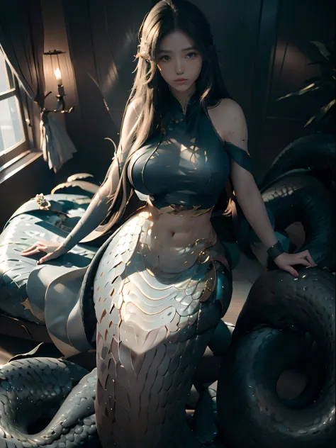 ((Best picture quality, 8K, tmasterpiece:1.3)), 1 Queen Medusa, Beautiful woman with slender abs:1.3, (Casual hairstyle, No leakage of big breasts:1.2), snake scales:1.1, （mermaids：1.2），（Elongated snake tail：1.3），Ultra-realistic golden scales，Ultra-fine fa...